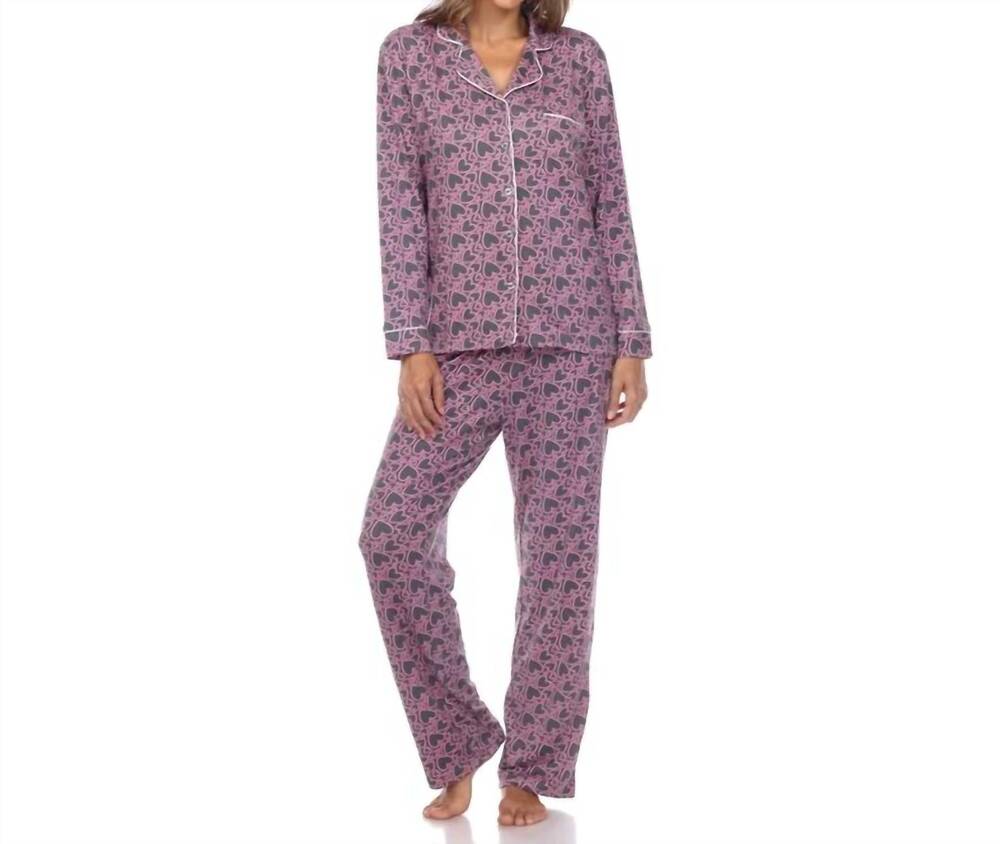 NEW WHITE MARK women's long sleeve heart print pajama set in grey